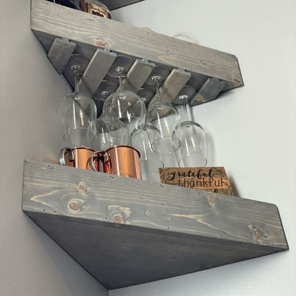 Floating Corner Wooden Wine Rack+Shelf Set